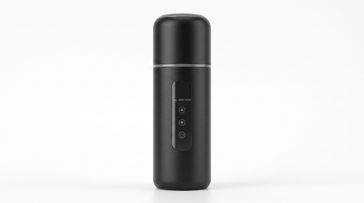 Portable Car Kettle in black, studio shot showing the BOIL / BREW / WARM touch panel