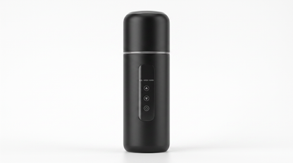 Portable Car Kettle in black, studio shot showing the BOIL / BREW / WARM touch panel