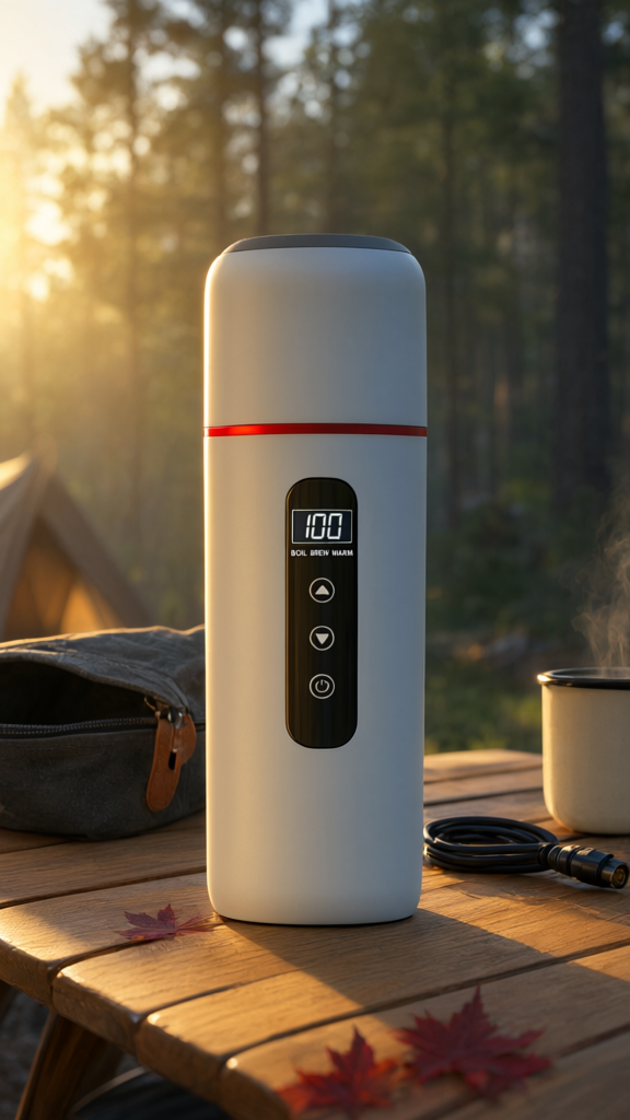 Portable Car Kettle on a picnic table at a campsite, with the 12V lead and a mug of tea