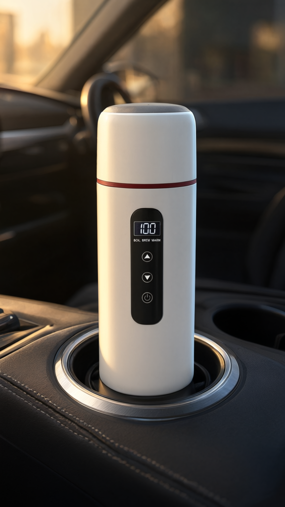 Portable Car Kettle sitting in a car cupholder at sunset