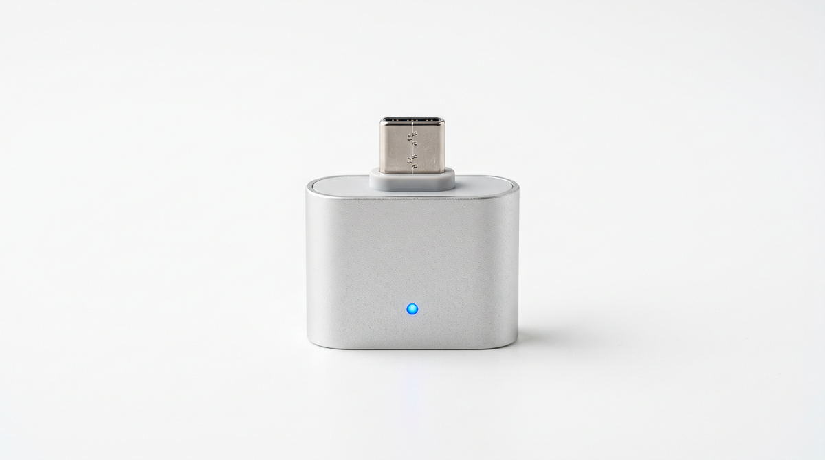 Auto-Disconnect Overcharge Protector — matte silver USB-C adapter with a blue charging status LED, studio shot