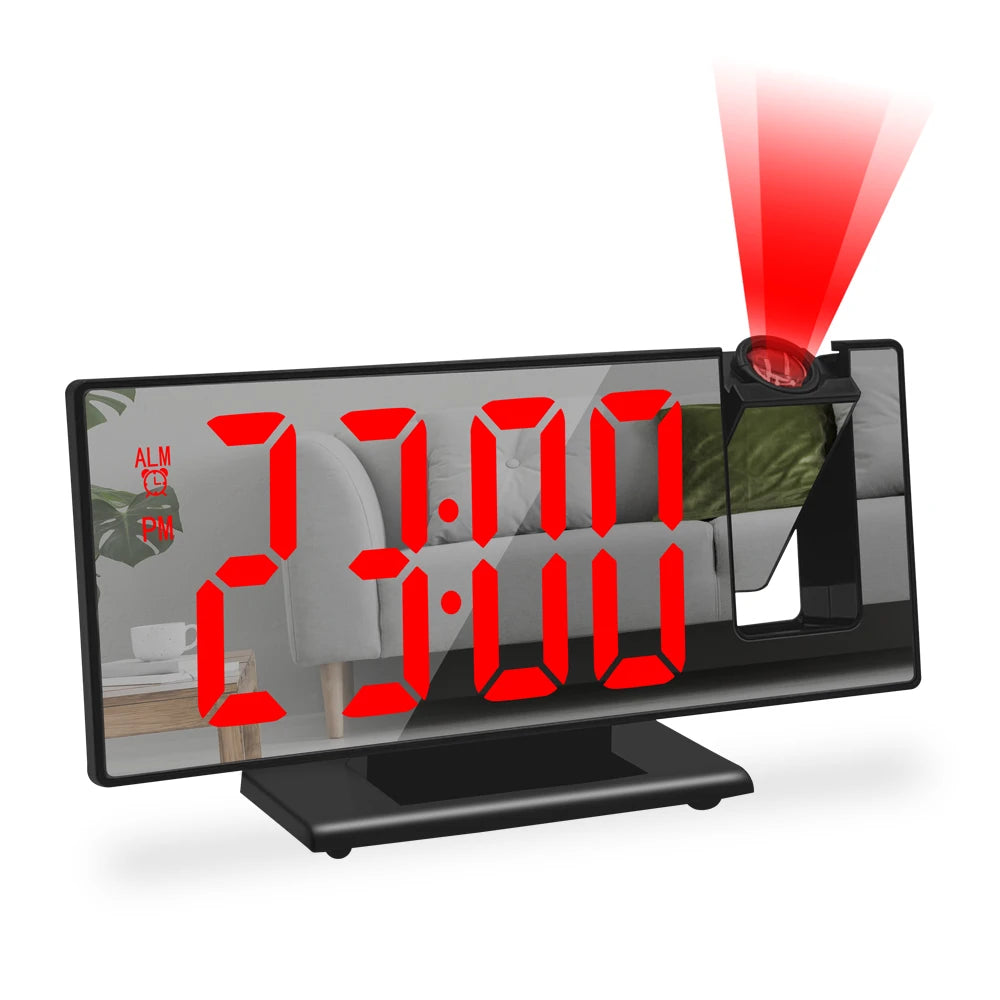 Projection alarm clock showing large red LED digits on its mirrored display