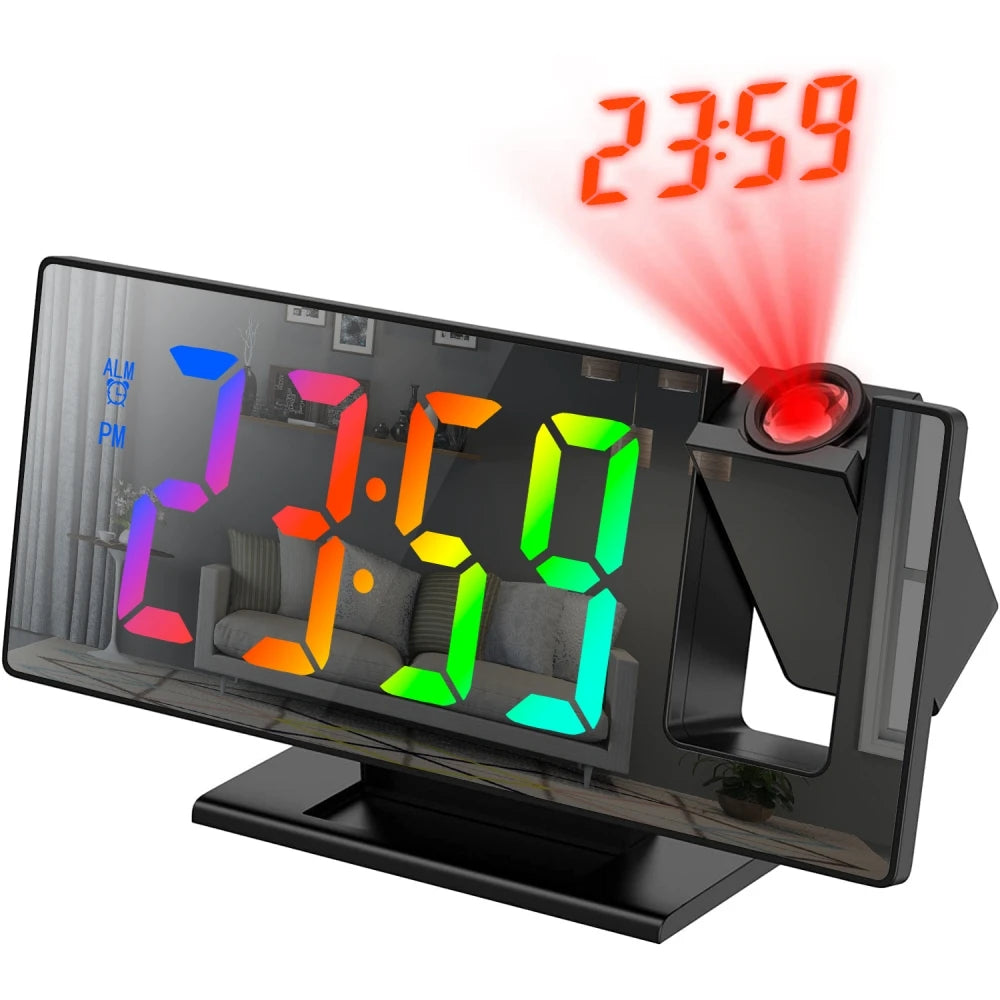 Projection alarm clock with colour-changing rainbow LED digits