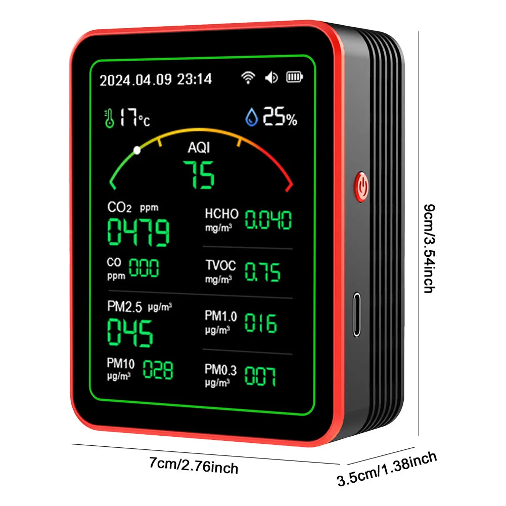 Larkspire AirSense air quality monitor in black, showing live PM2.5, CO2 and humidity readings on the colour display