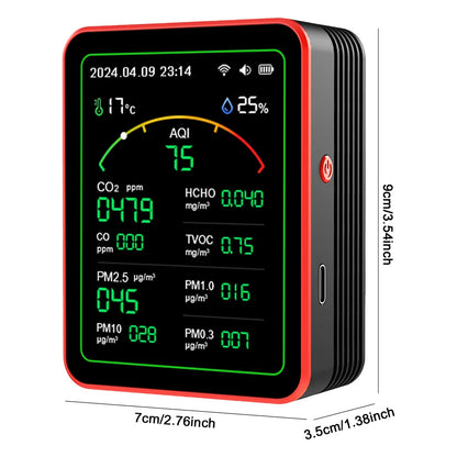 Larkspire AirSense air quality monitor in black, showing live PM2.5, CO2 and humidity readings on the colour display