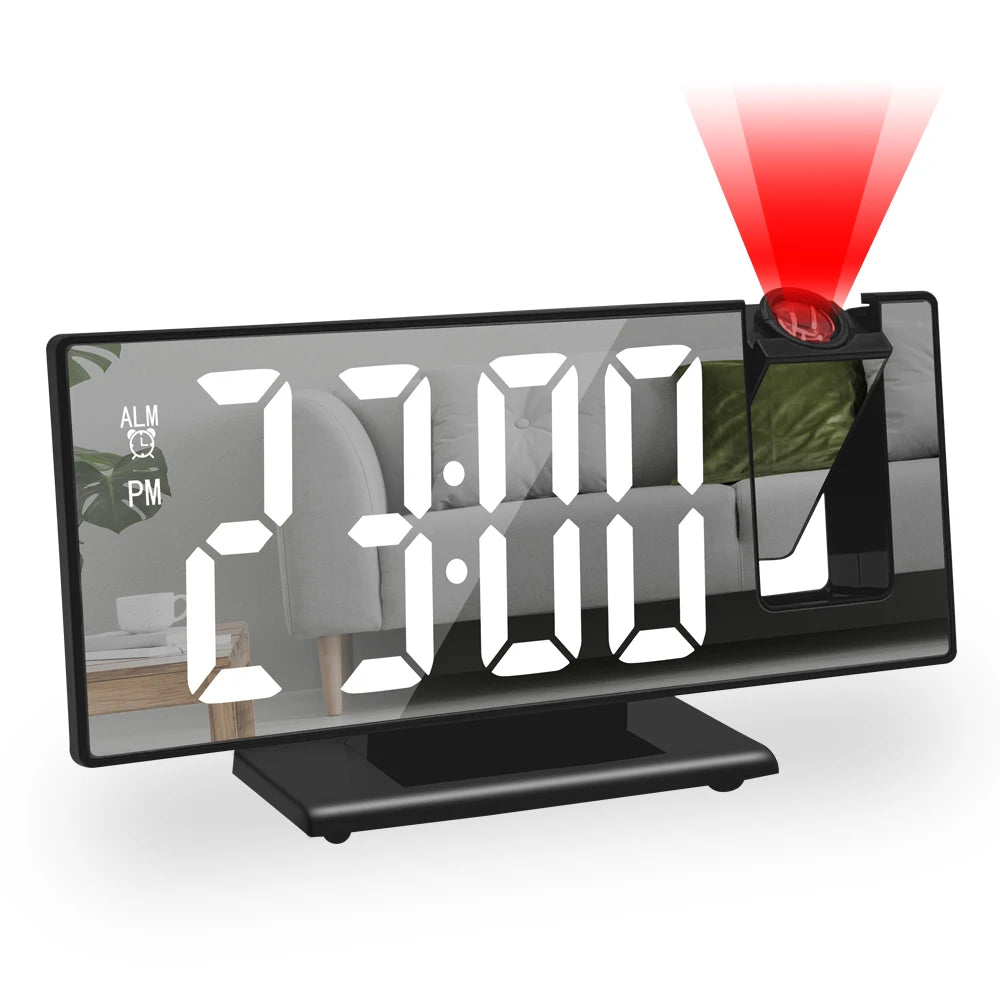 Projection alarm clock with white LED digits and a mirrored front panel