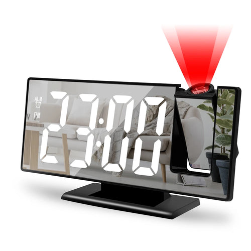 Black projection alarm clock with mirror LED face projecting the time in a red beam