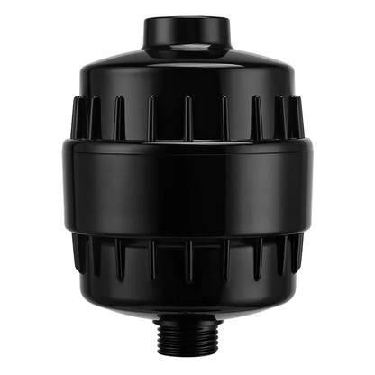 Black inline shower water filter housing on a white background