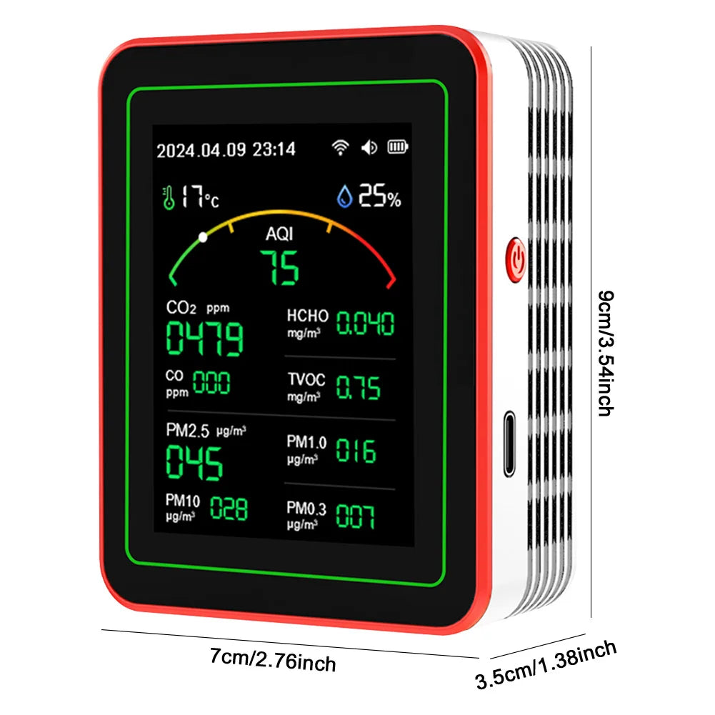 Larkspire AirSense air quality monitor in white, side profile with size guide