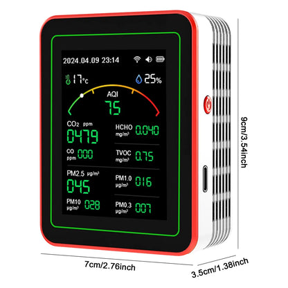 Larkspire AirSense air quality monitor in white, side profile with size guide