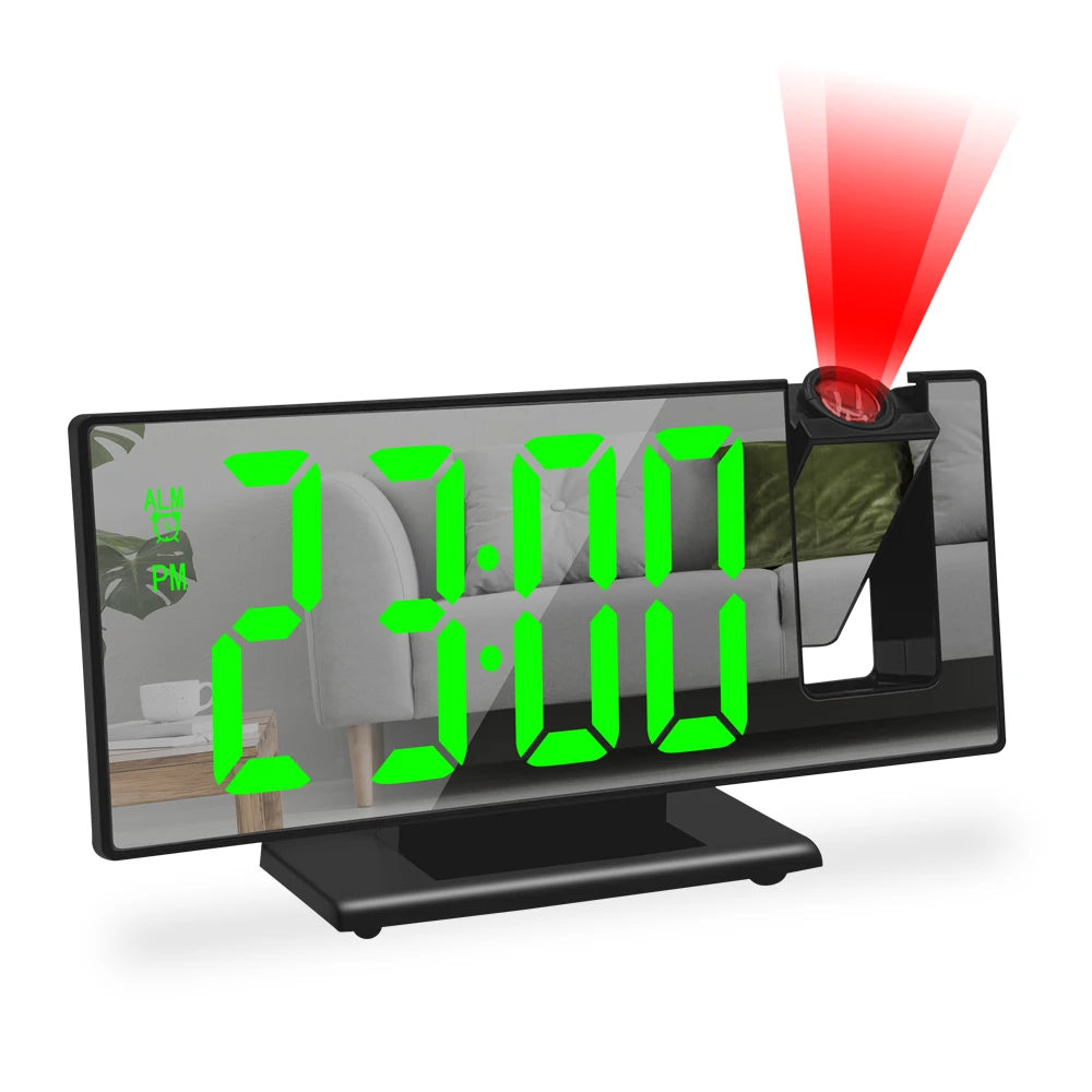 Projection alarm clock showing green LED digits on its mirrored display
